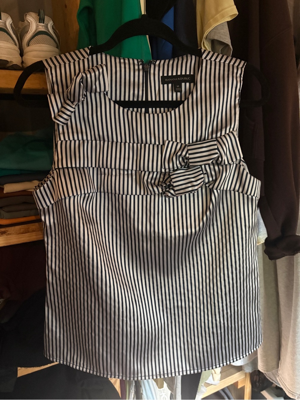 Banana Republic Black and White Striped Sleeveless Bow-Accent Camisole